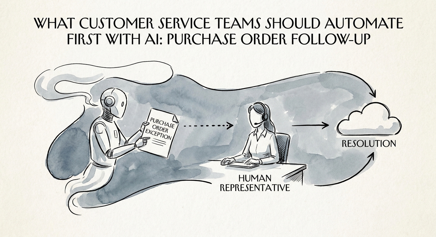 Purchase order follow-up workflow showing ERP status, CRM owner, fulfillment exception, reviewer approval, and customer message draft.