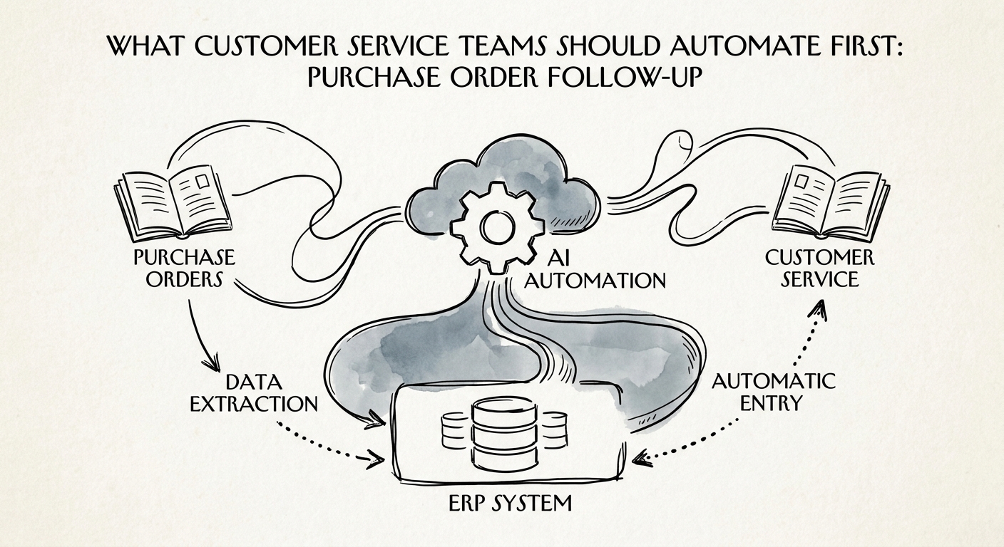 Customer service lead comparing purchase-order status, fulfillment notes, and account history before an AI follow-up is approved.