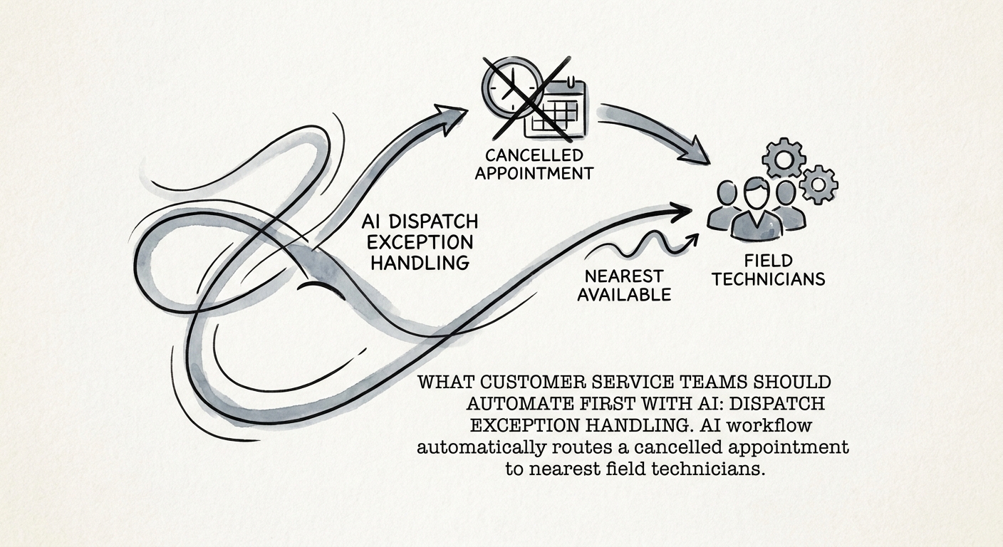 A diagram showing how an AI workflow automatically routes a cancelled appointment to nearest field technicians.