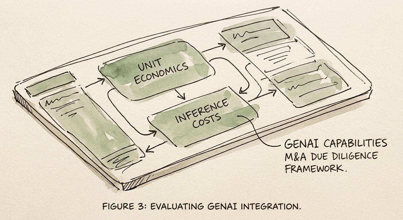 A dashboard showing the unit economics and inference costs of a GenAI integration during M&A due diligence.