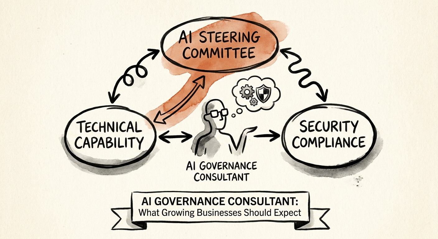 AI governance operating model showing acceptable use policy, risk tiers, workflow controls, and adoption cadence.