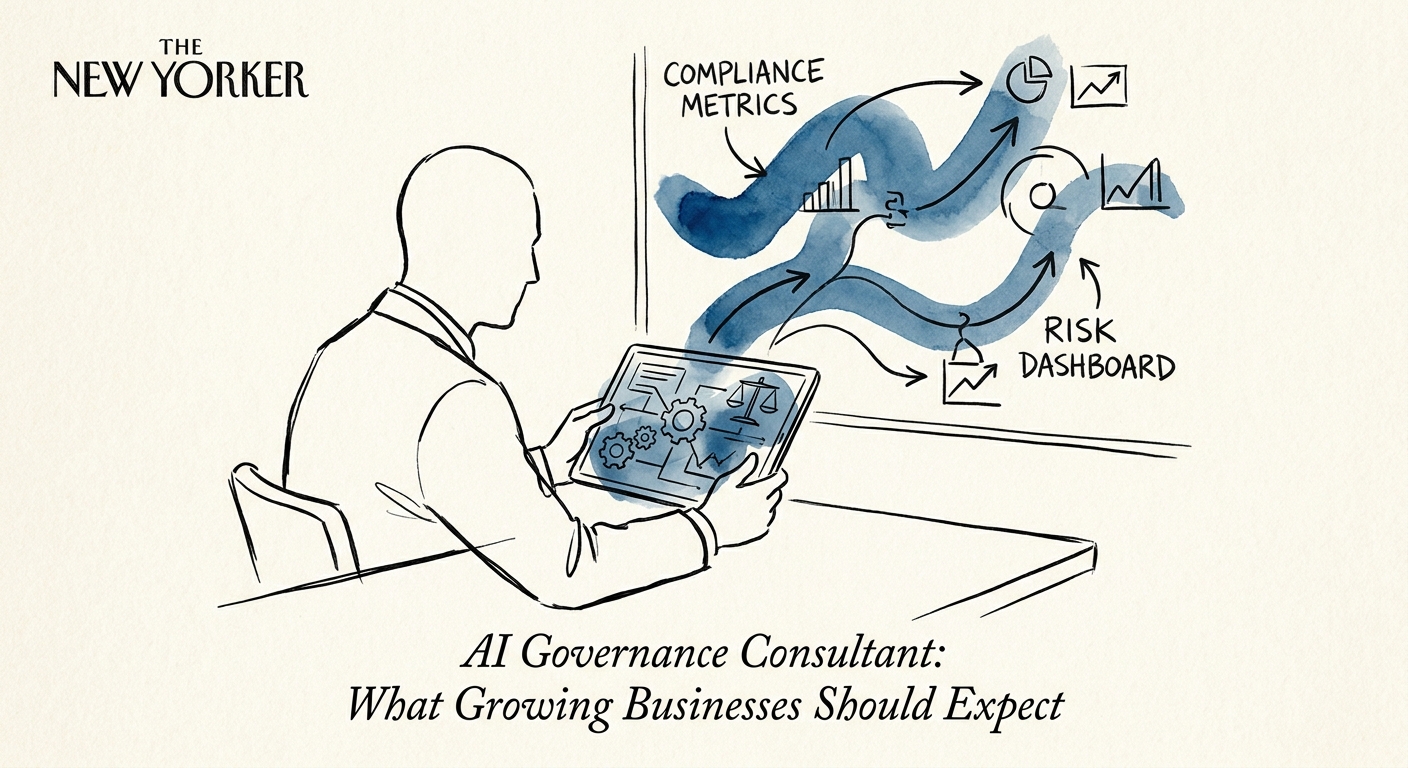 Executive team reviewing AI governance deliverables including policy, risk tiers, workflow controls, and training plan.