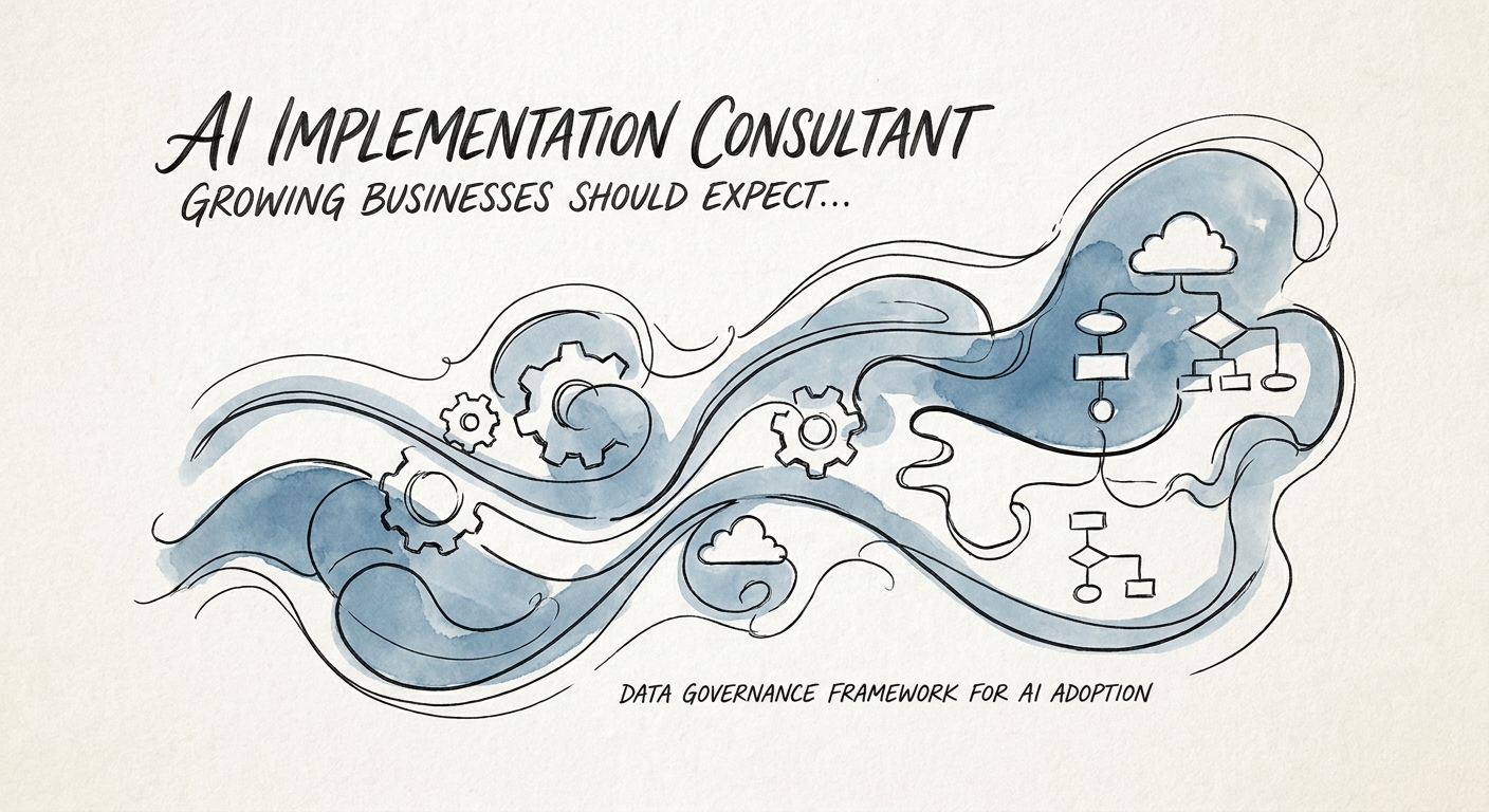 AI implementation roadmap showing readiness assessment, controlled pilot, user training, governance hardening, and scale decision.