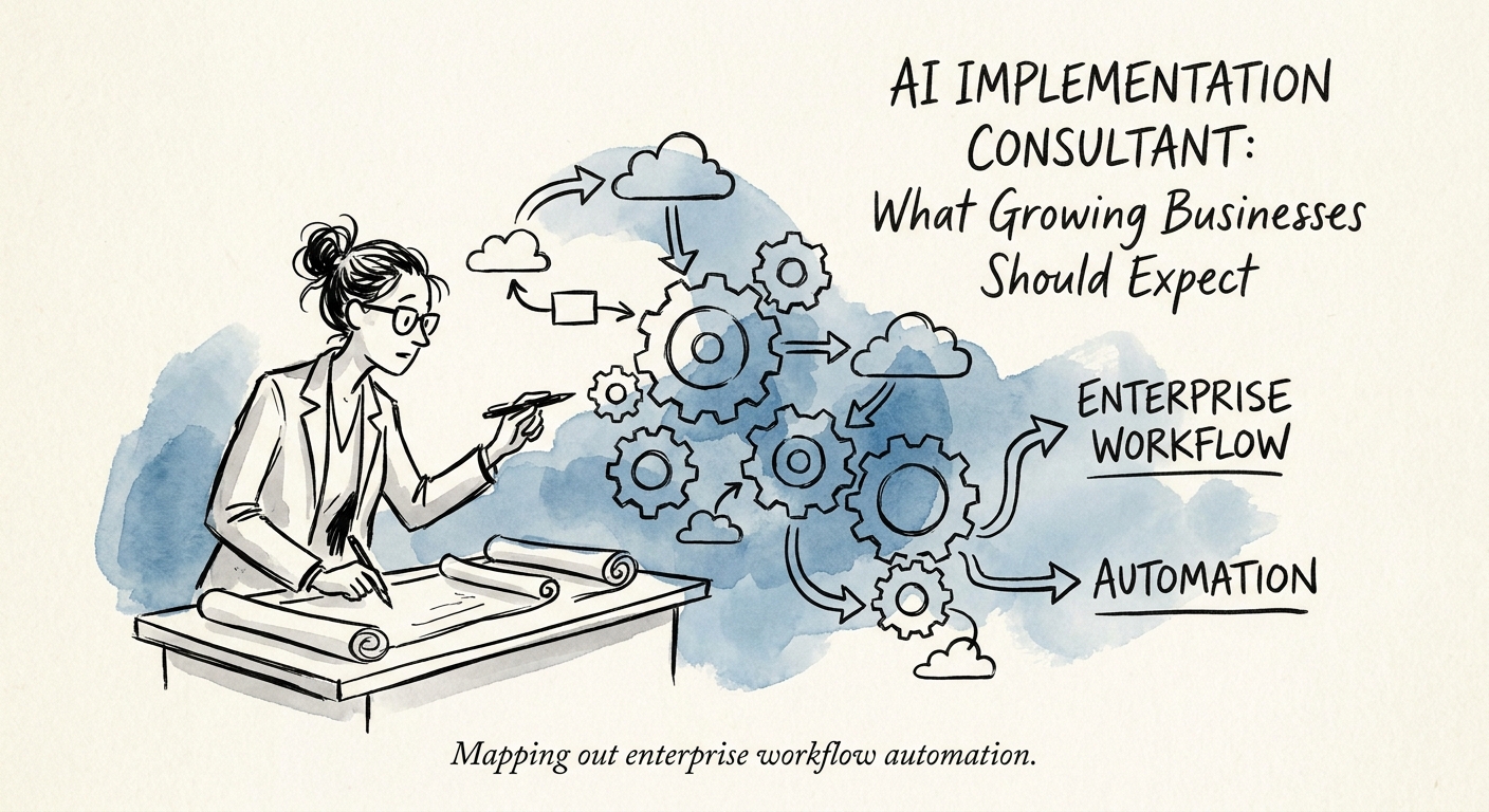 AI implementation consultant mapping workflow, data sources, approval gates, adoption plan, and ROI metrics with a management team.