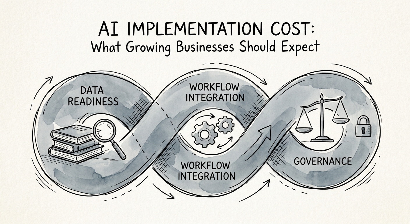 AI implementation budget model showing workflow, data, controls, adoption, and value measures.