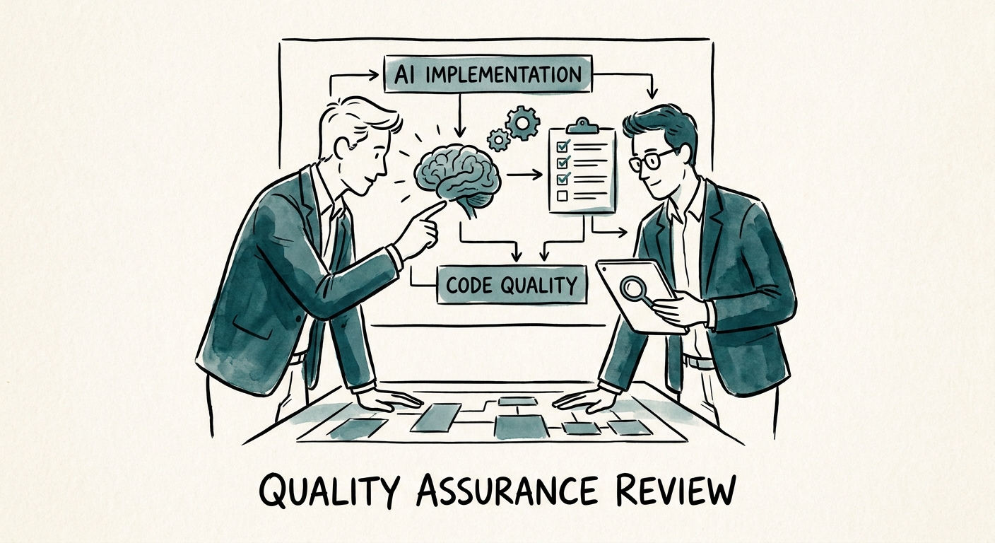 Two IT operations leaders reviewing an AI-augmented code quality and automated testing framework.