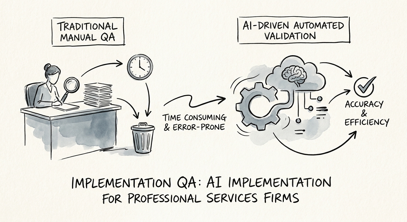 Implementation QA workflow showing defect classification, review evidence, escalation, and adoption tracking.