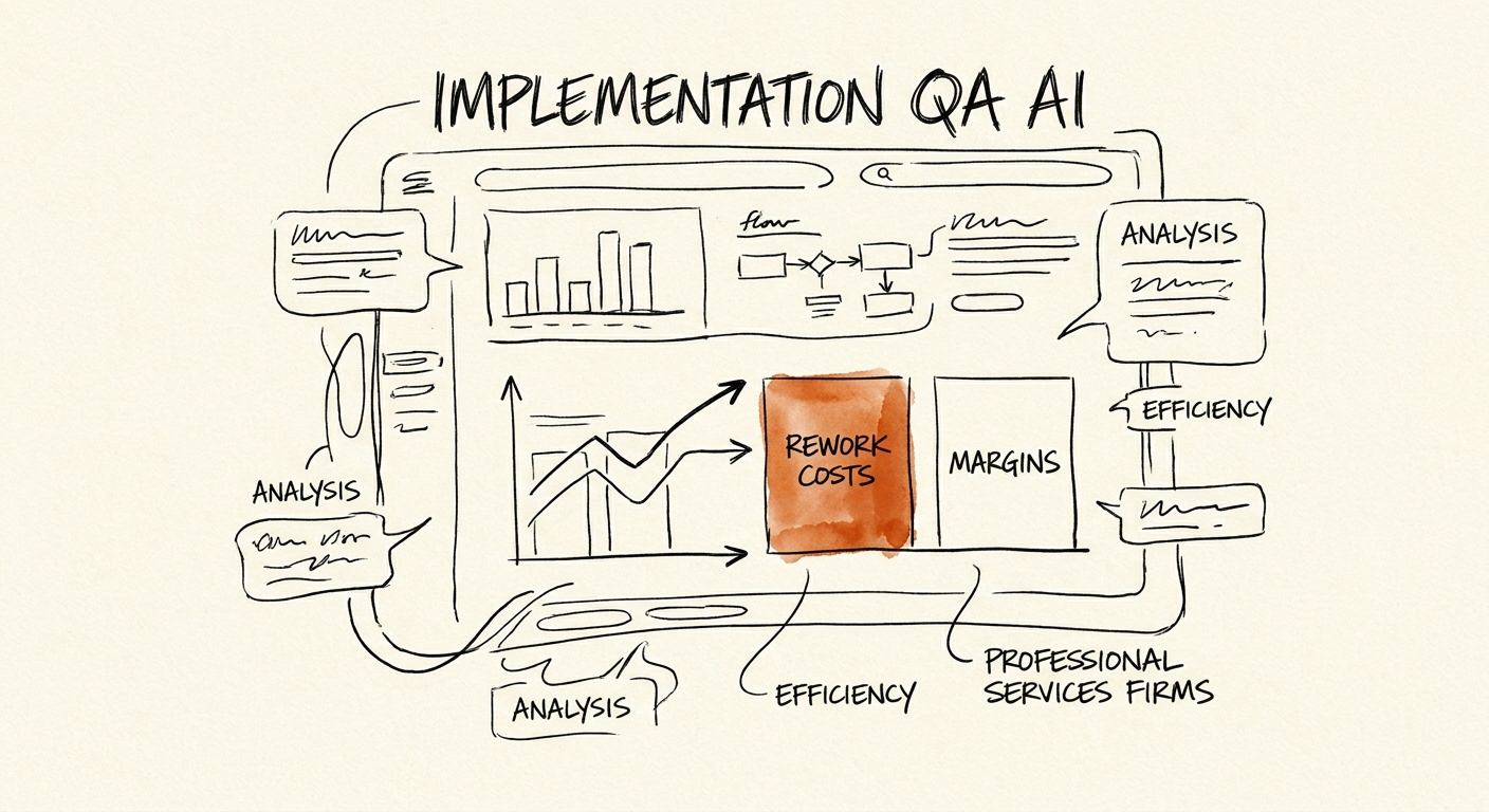 Professional services delivery team reviewing AI-assisted implementation QA and rework metrics.