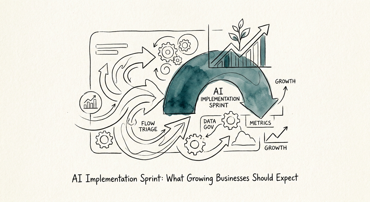 AI implementation sprint plan showing discovery, workflow build, review controls, user adoption, and scale decision.