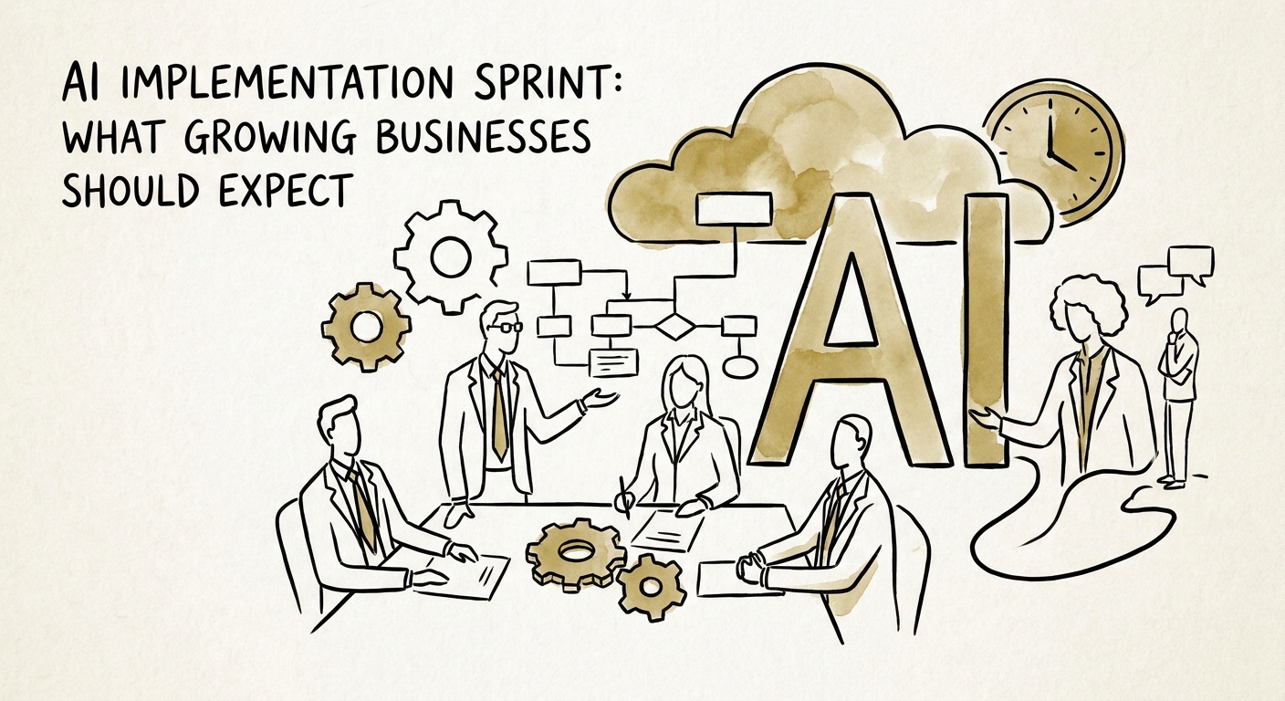 Growing business team running an AI implementation sprint with workflow map, source data, governance rules, and adoption dashboard.