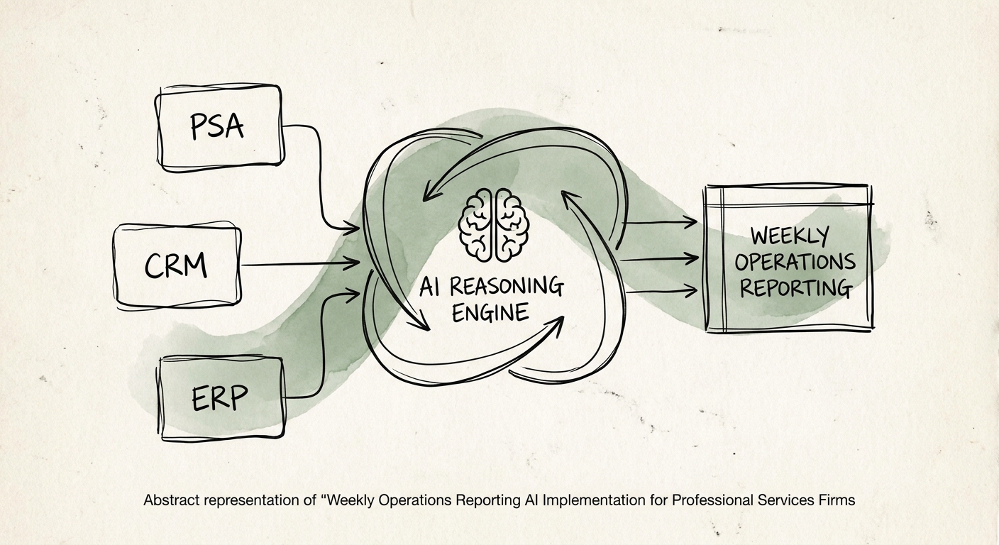 Diagram showing the workflow of connecting PSA, CRM, and ERP data into an AI reasoning engine