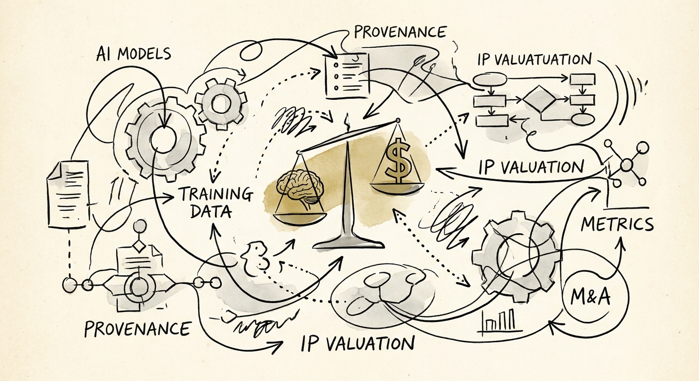 Abstract representation of AI data provenance and intellectual property valuation metrics in M&A