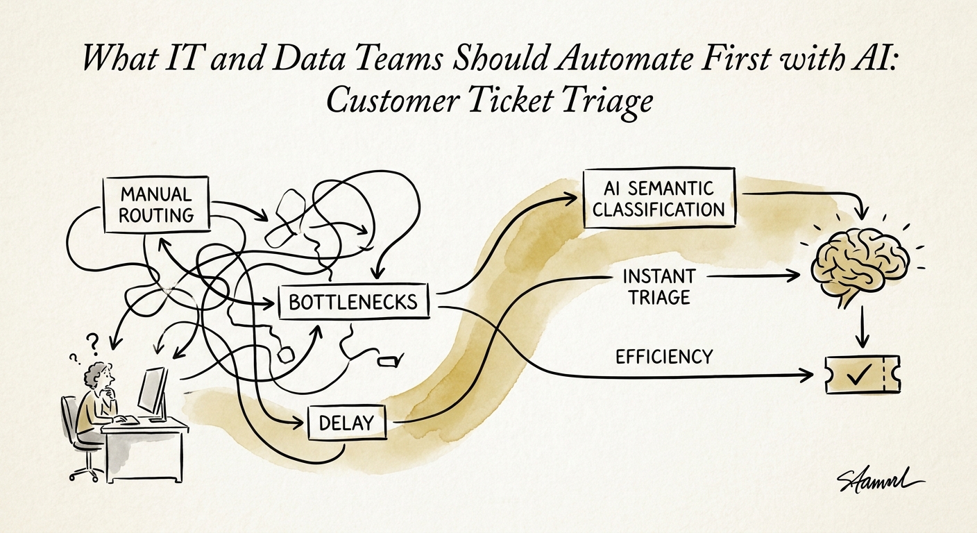 IT and data teams reviewing AI-assisted ticket triage with customer context and routing controls.