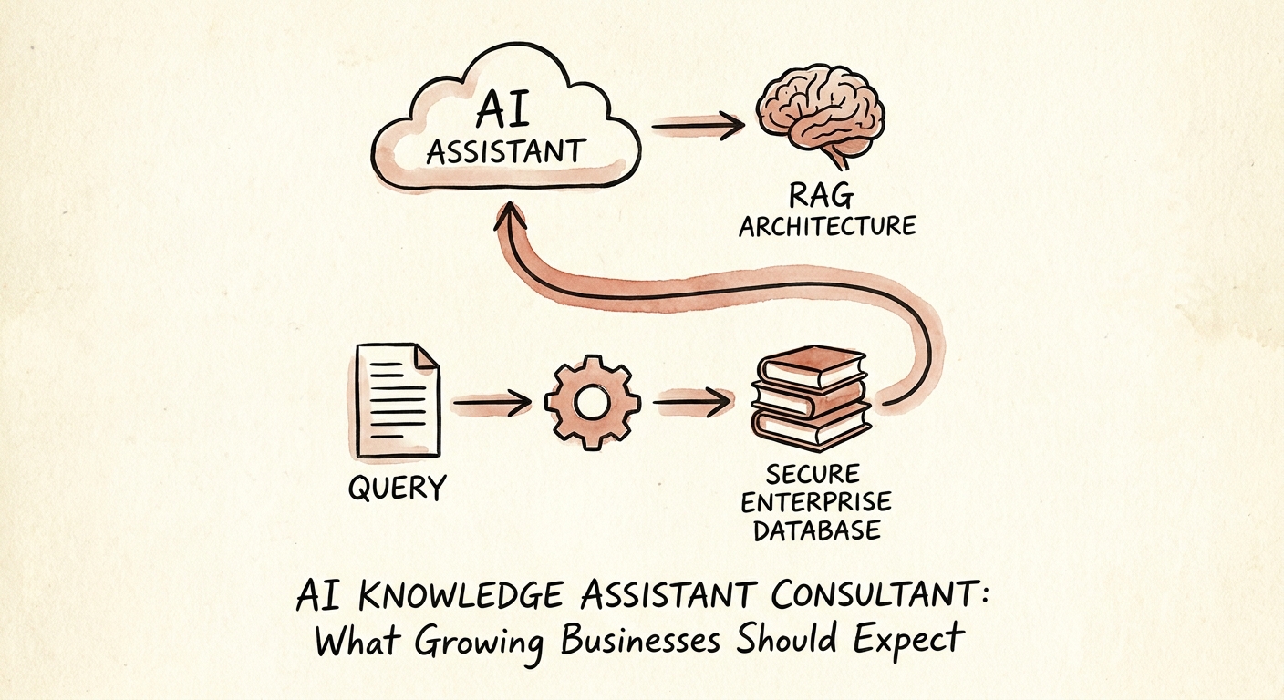 AI knowledge assistant architecture connecting approved sources, permissions, retrieval, citations, and feedback.