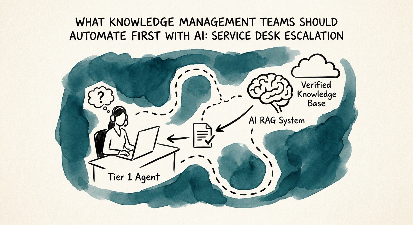 Service desk escalation workflow showing ticket history, knowledge sources, AI summary, specialist review, and resolution feedback.