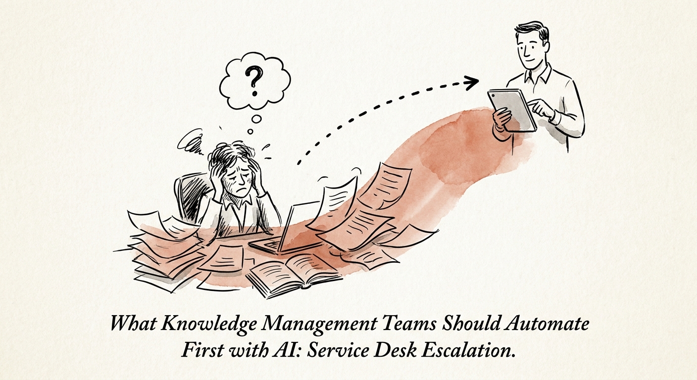 Knowledge management team preparing AI-assisted service desk escalation packages with source evidence.
