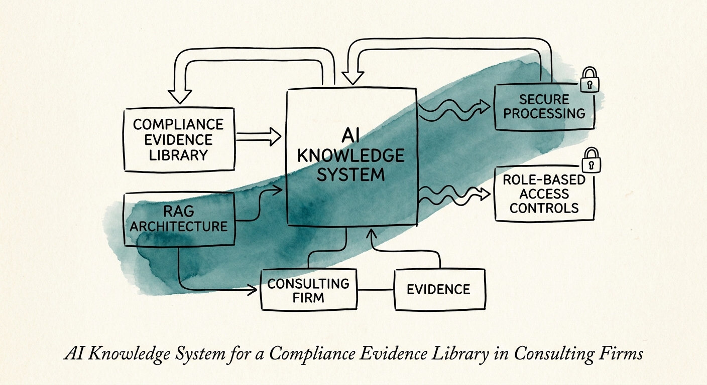 Consulting firm team reviewing a governed AI knowledge system for compliance evidence libraries.