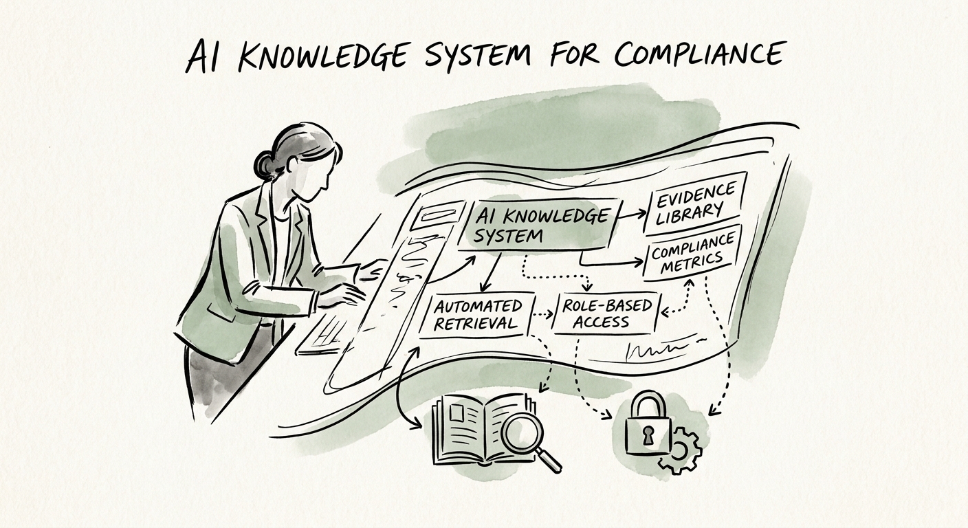 Knowledge-system workflow for compliance evidence libraries showing source boundaries, reviewer controls, and measurement.