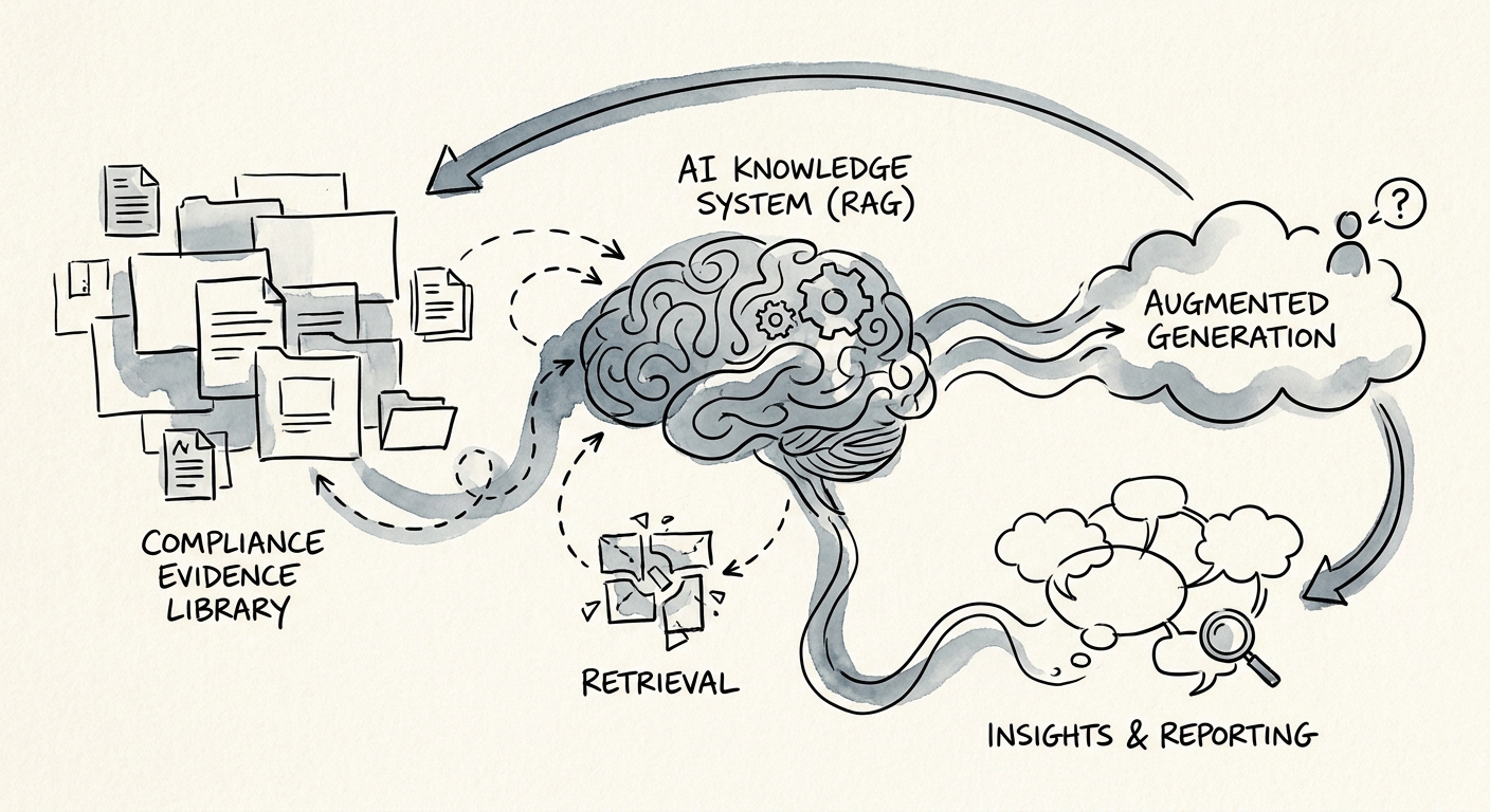 Professional services team reviewing a governed AI knowledge system for compliance evidence libraries.
