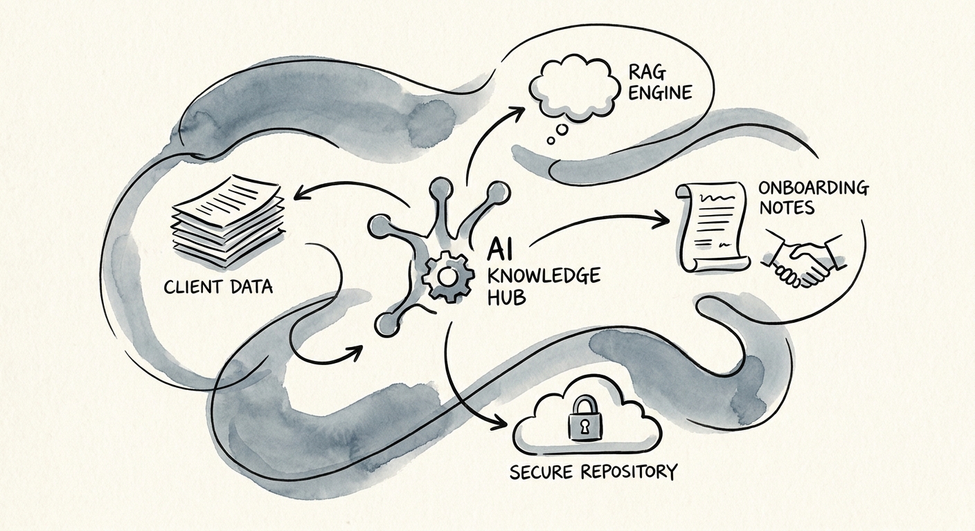Agency team reviewing an AI knowledge system for onboarding notes, client goals, assets, scope, risks, and next steps.