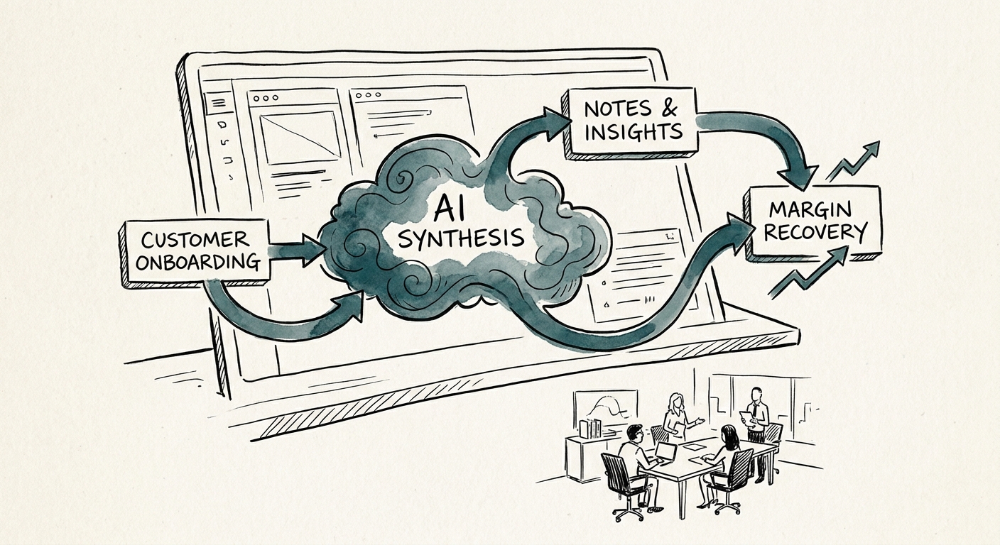 Professional services engagement manager reviewing customer onboarding notes, kickoff assumptions, delivery risks, and AI-retrieved handoff context.
