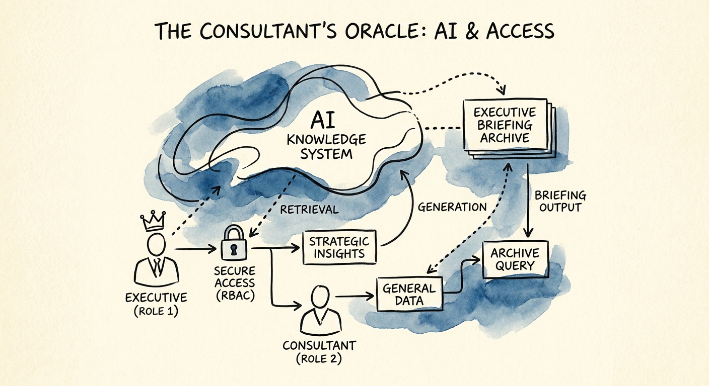 Permissioned retrieval workflow for executive briefing archives in a consulting firm.
