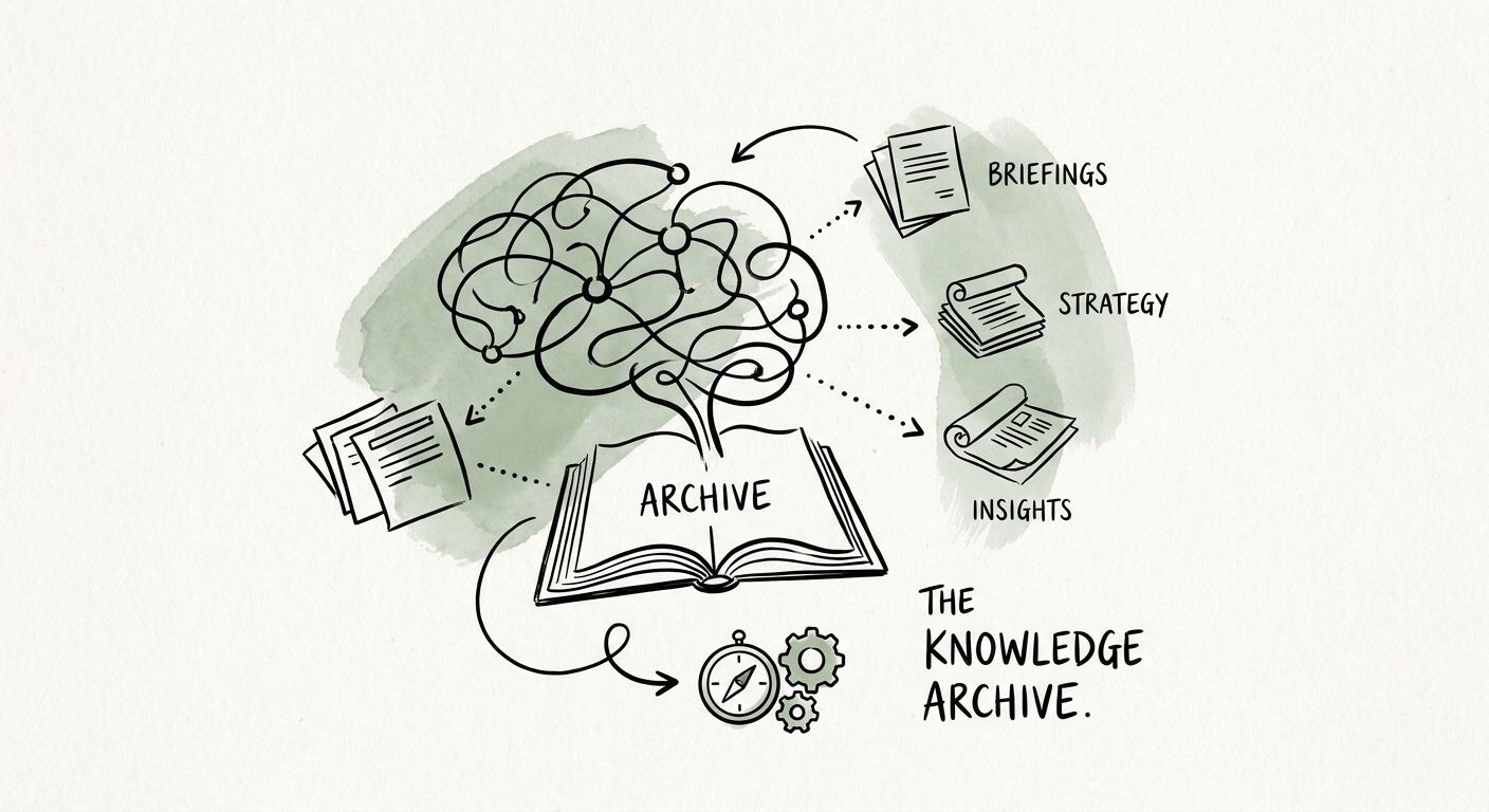 Consulting team searching executive briefing archives through a governed AI knowledge system.
