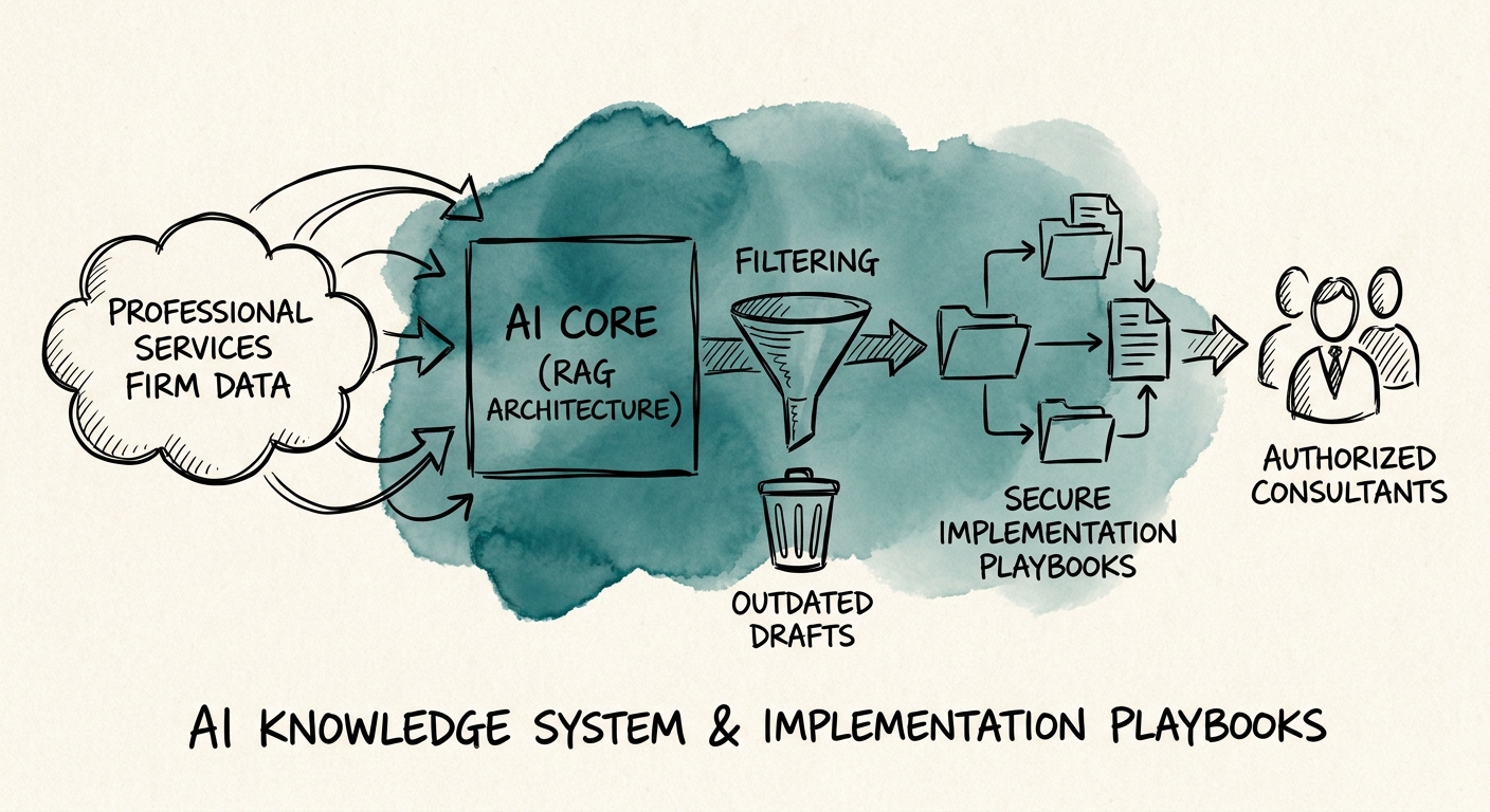 Implementation playbook workflow showing approved playbook, version check, exception log, delivery-owner review, and implementation-team answer.