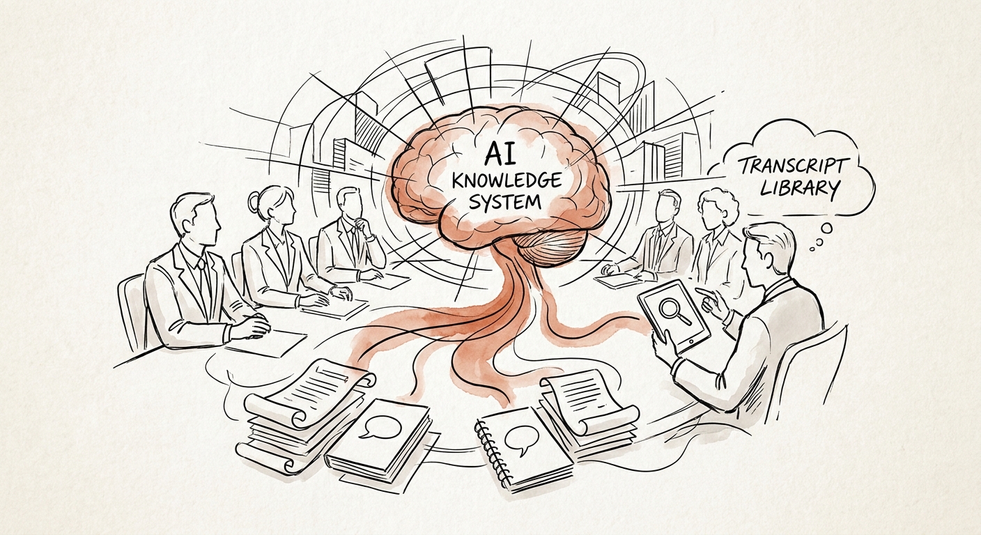 Professional services delivery owner reviewing meeting transcript excerpts, consent status, action items, and AI-retrieved decision context.