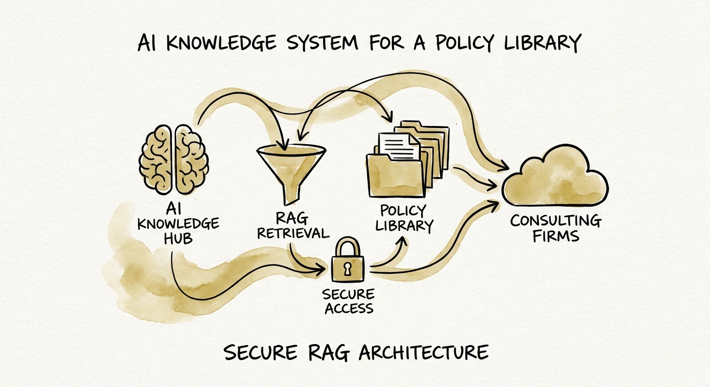 Knowledge-system workflow for policy libraries showing source boundaries, reviewer controls, and measurement.