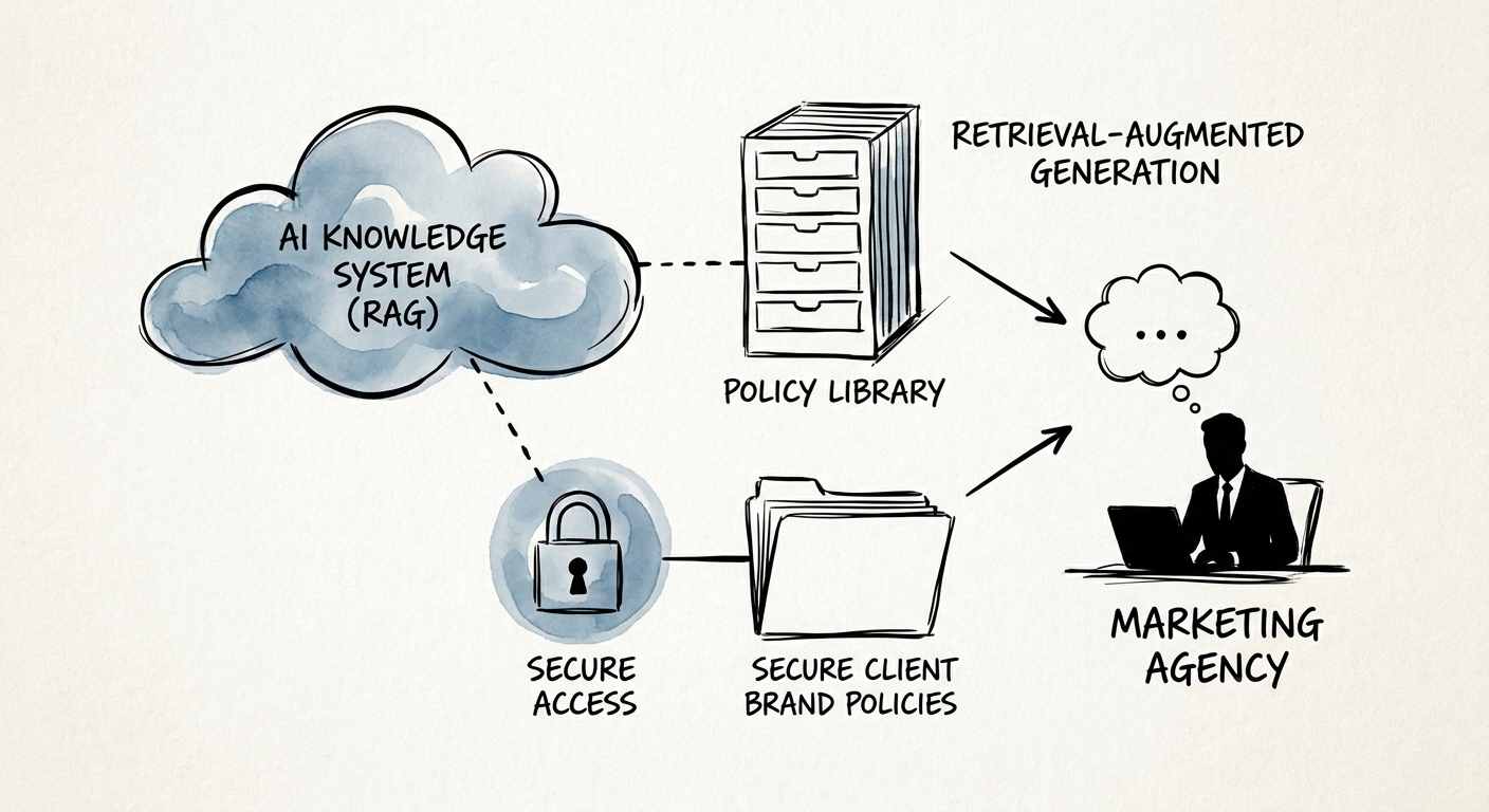 Knowledge-system workflow for policy libraries showing source boundaries, reviewer controls, and measurement.