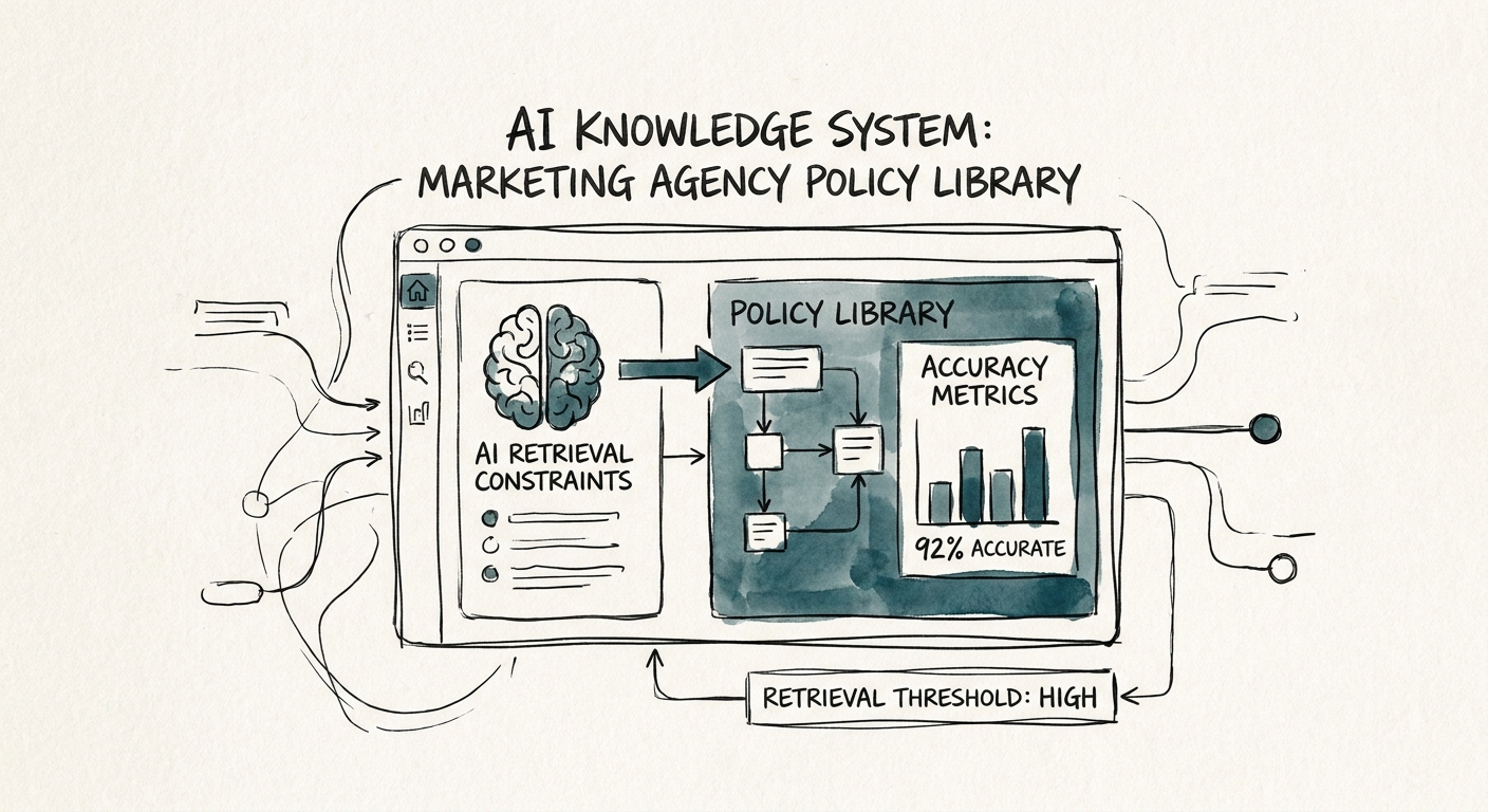 Marketing agency team reviewing a governed AI knowledge system for policy libraries.