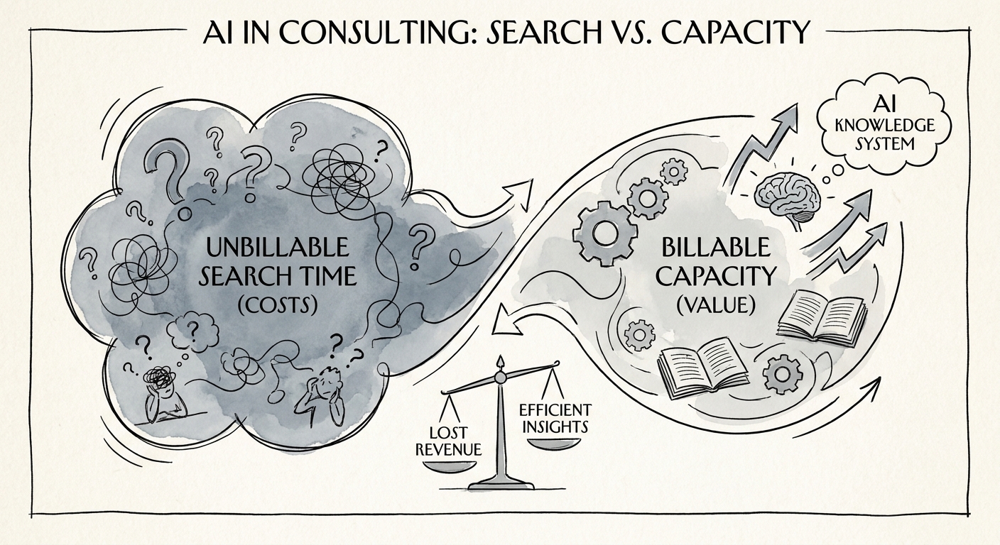 A diagram illustrating the cost of unbillable search time versus billable capacity in a consulting firm.