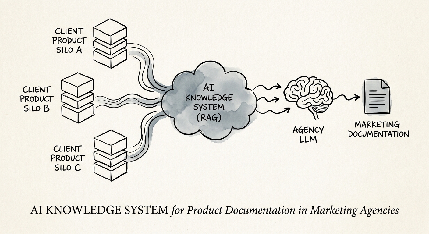 An architectural diagram illustrating a RAG AI system connecting an agency's large language model to isolated client product documentation silos.