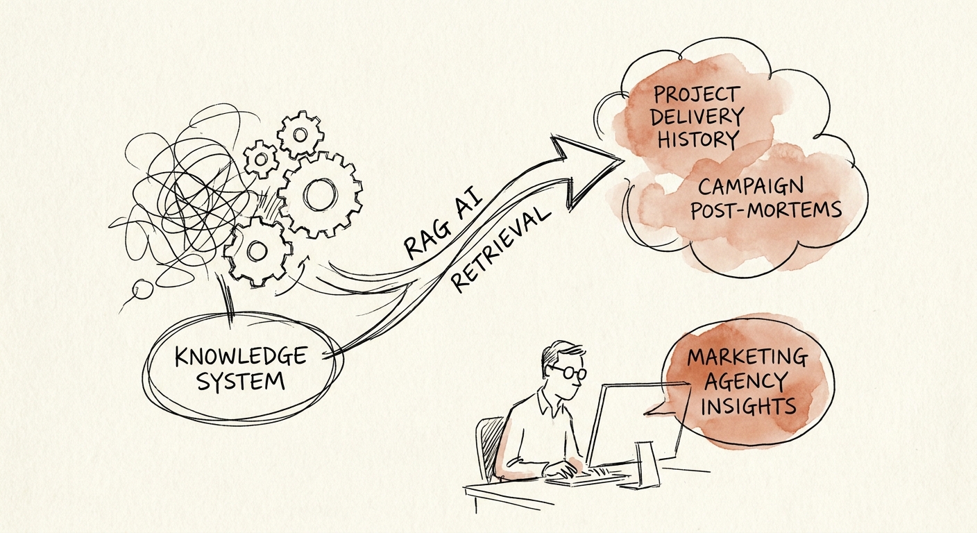 Diagram showing RAG AI retrieving project delivery history and campaign post-mortems for marketing agencies