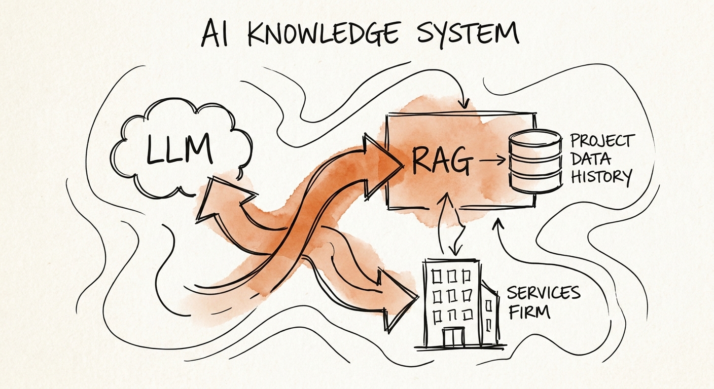 A diagram showing a Retrieval-Augmented Generation (RAG) architecture securely synthesizing consulting deliverables.