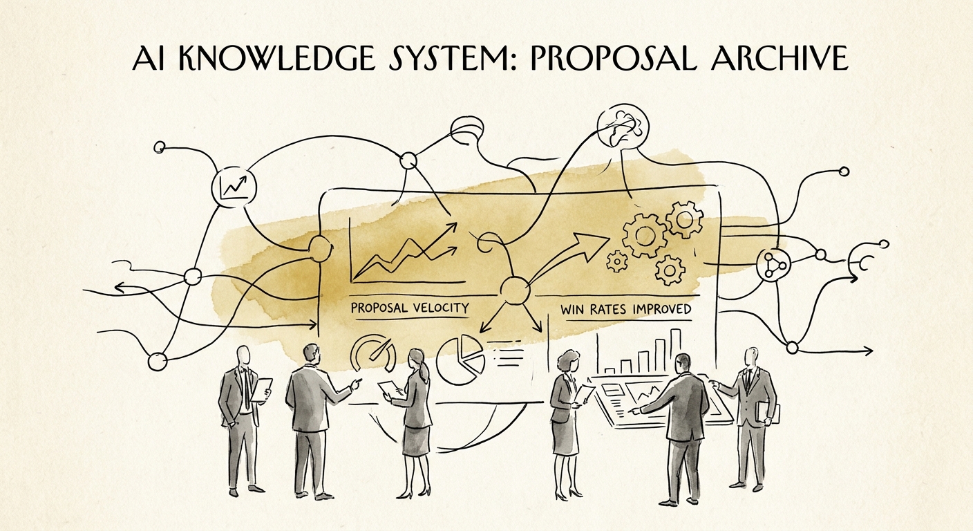 AI proposal archive knowledge system showing tagging, permissions, retrieval, review, and win-loss feedback.