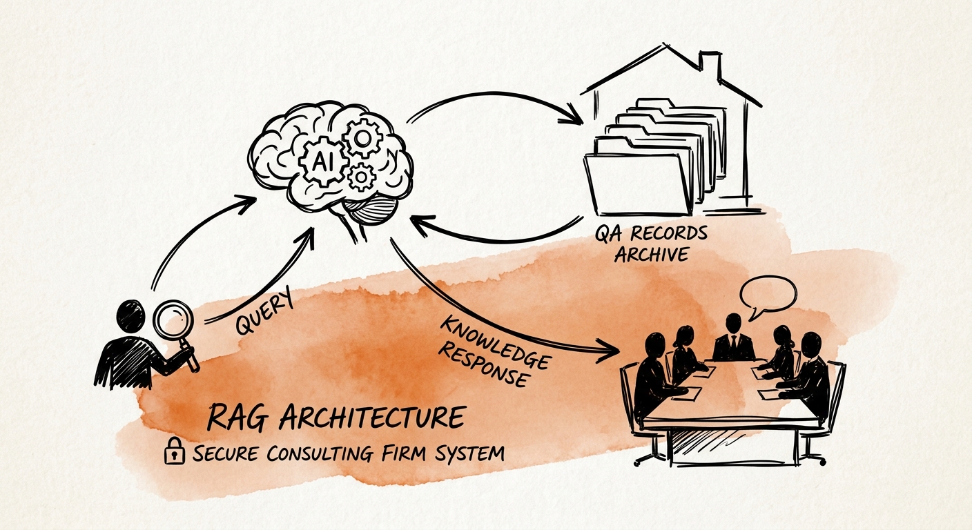 Diagram showing Retrieval-Augmented Generation (RAG) architecture securely querying consulting QA records