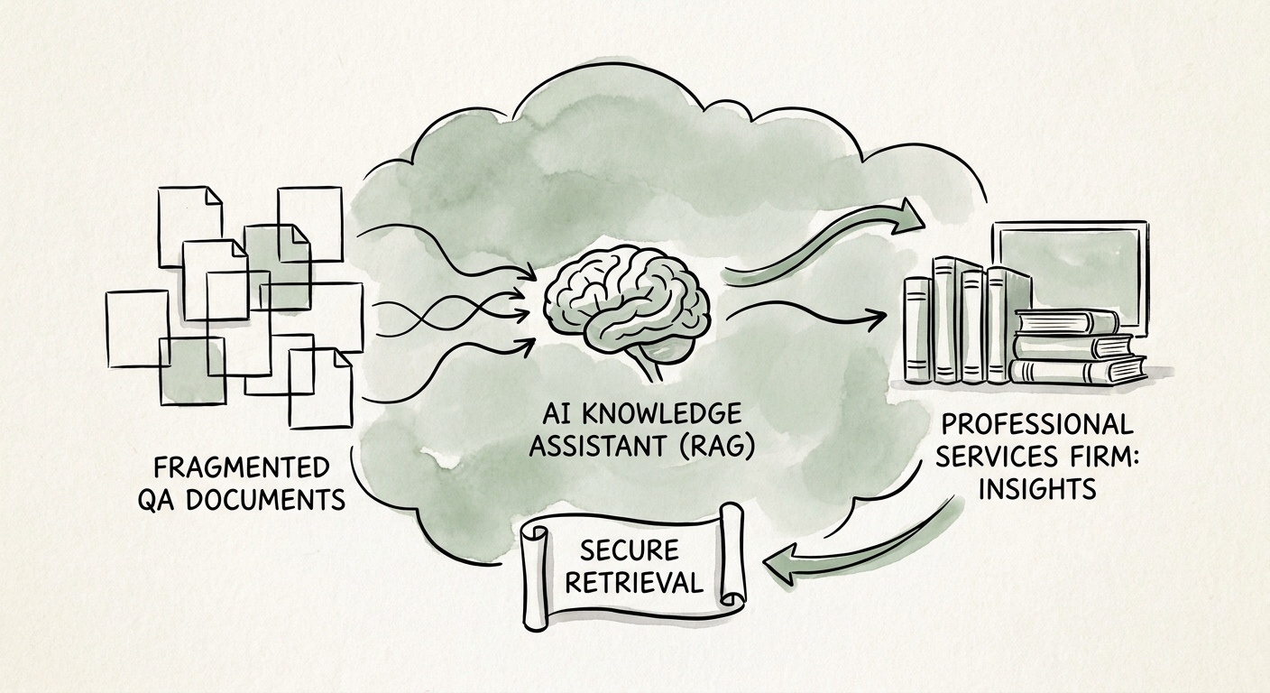 A workflow diagram showing Retrieval-Augmented Generation connecting fragmented QA documents to a secure AI knowledge assistant.