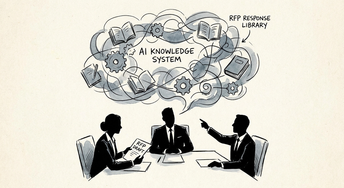 Professional services RFP team reviewing approved answers, proof-point freshness, SME notes, and AI-retrieved response language.