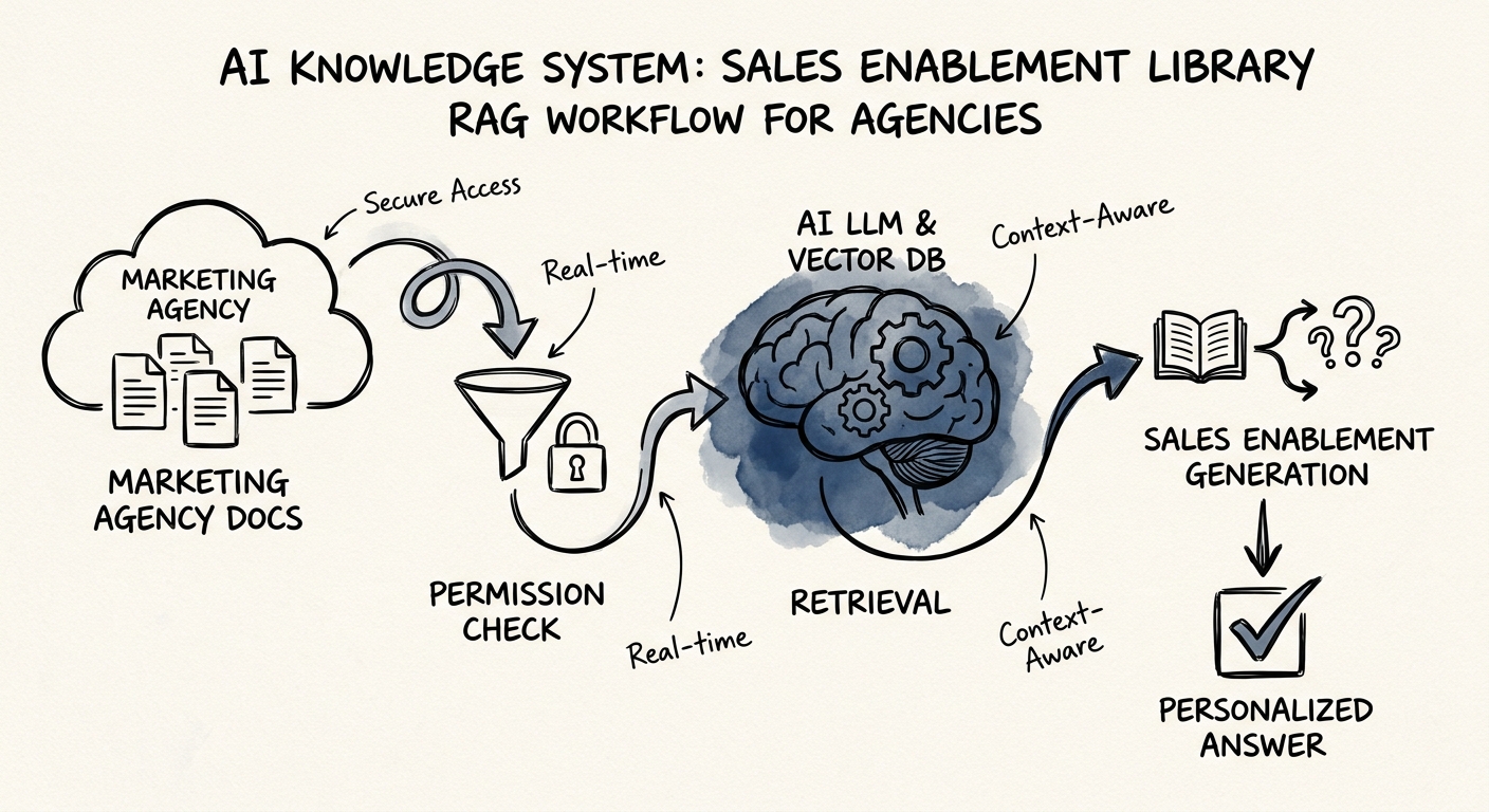 A diagram illustrating a Retrieval-Augmented Generation RAG workflow for marketing agency document permissions