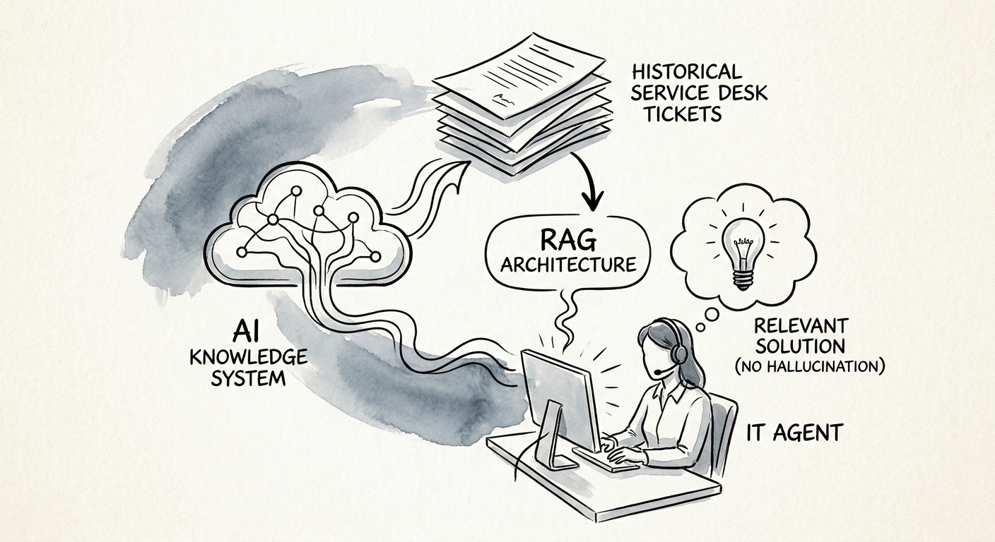 Consulting firm team reviewing a governed AI knowledge system for service desk history.