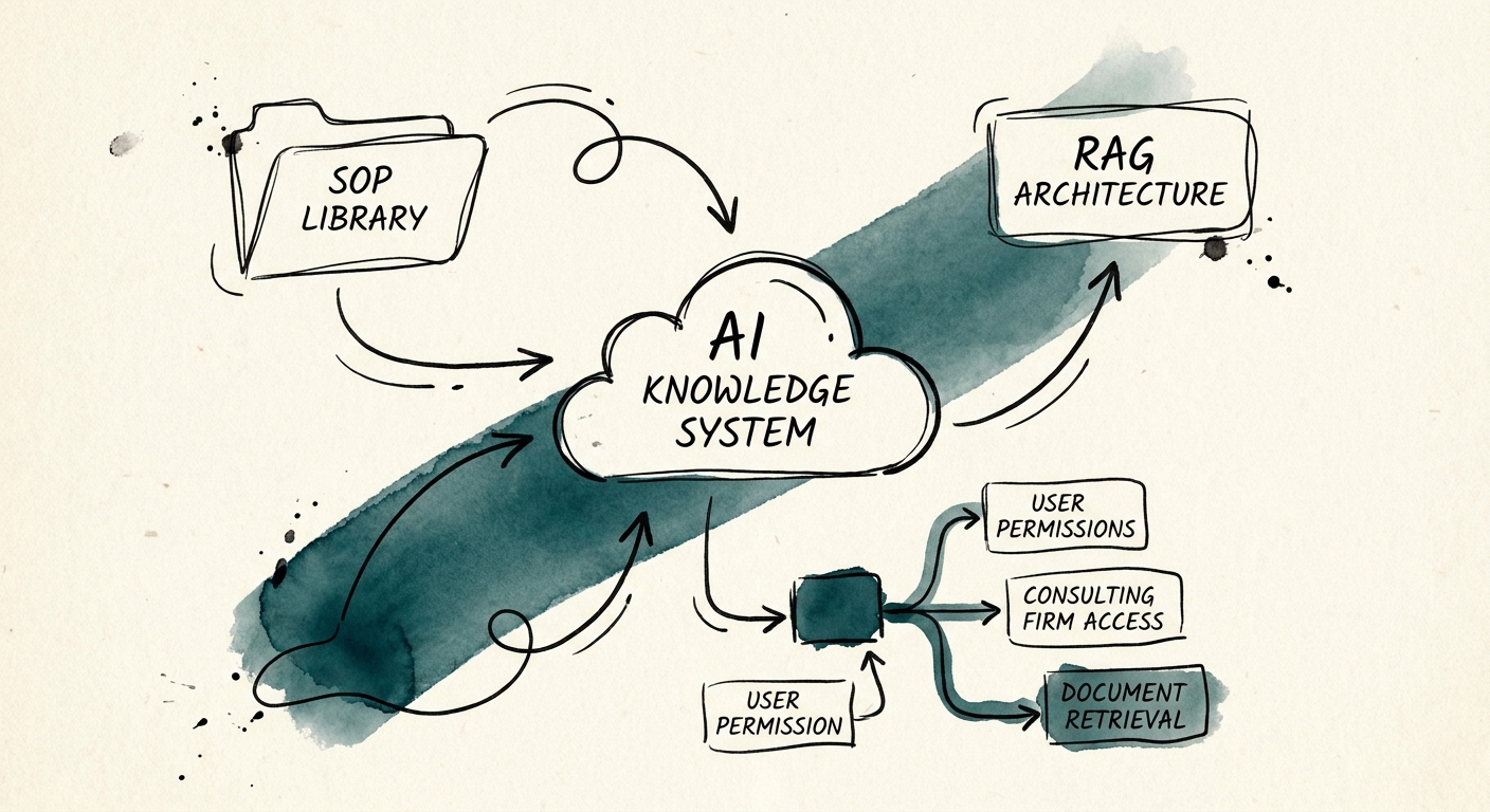 A flowchart detailing the retrieval augmented generation (RAG) architecture and access control permissions for an enterprise SOP library.