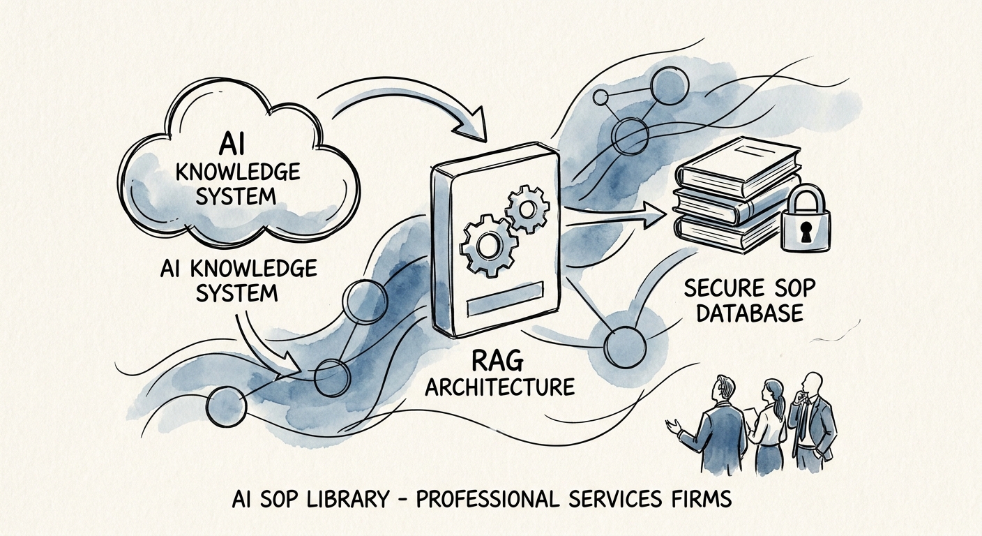 A diagram showing RAG architecture connecting a secure SOP database to an AI Knowledge System.