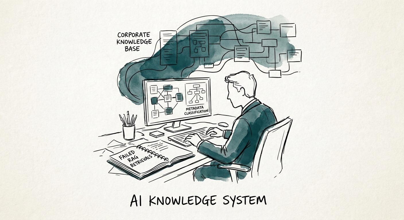 Operations leader reviewing retrieval tests and source documents for an AI knowledge base.