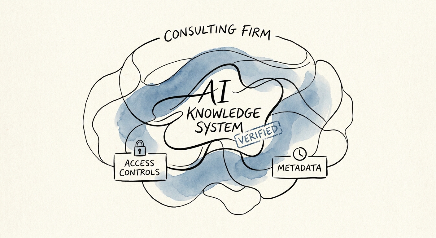 Structured diagram showing an AI support knowledge base verifying access controls and metadata.