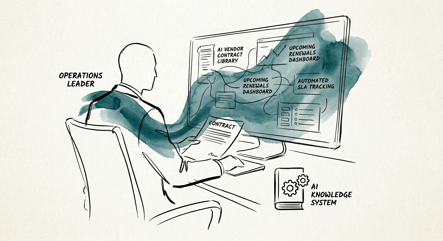 Knowledge-system workflow for vendor contract libraries showing source boundaries, reviewer controls, and measurement.