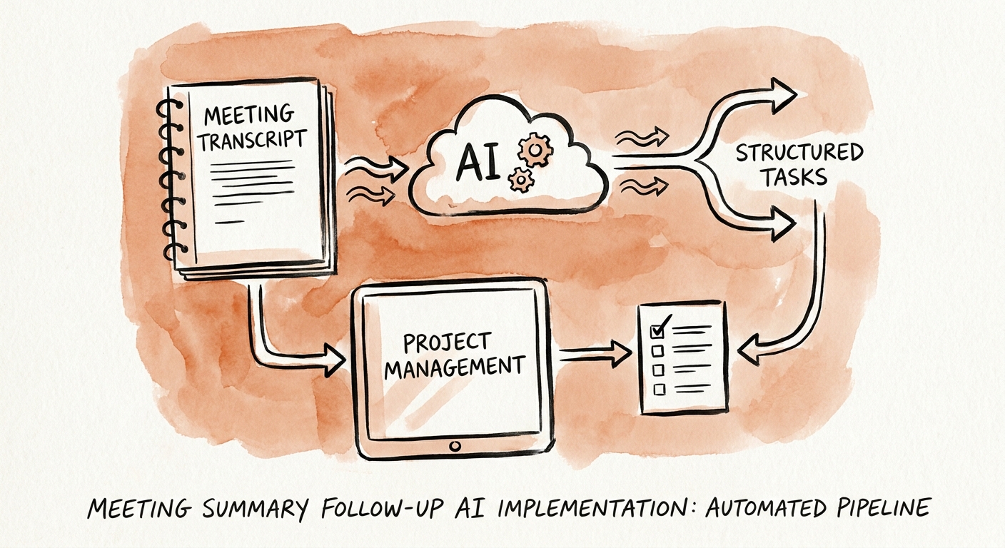 Workflow map showing inputs, review rules, and metrics for meeting summary follow-up.