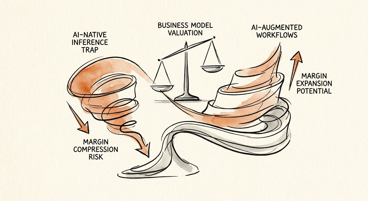 A due diligence scorecard highlighting the margin compression risks of the AI-native inference trap versus the margin expansion potential of AI-augmented workflows.