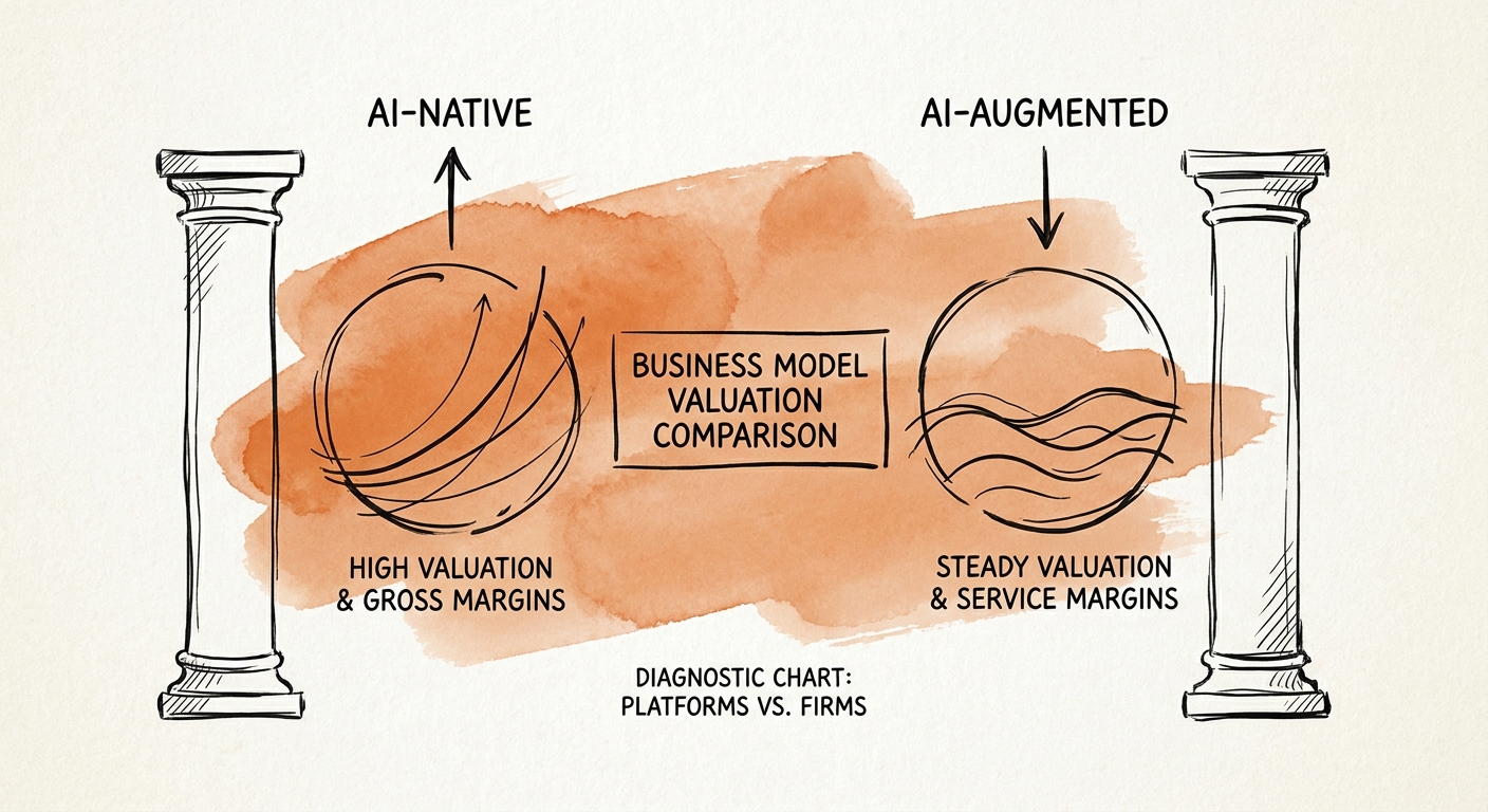 A diagnostic chart comparing the valuation multiples and gross margin structures of AI-native software platforms against AI-augmented professional services firms.